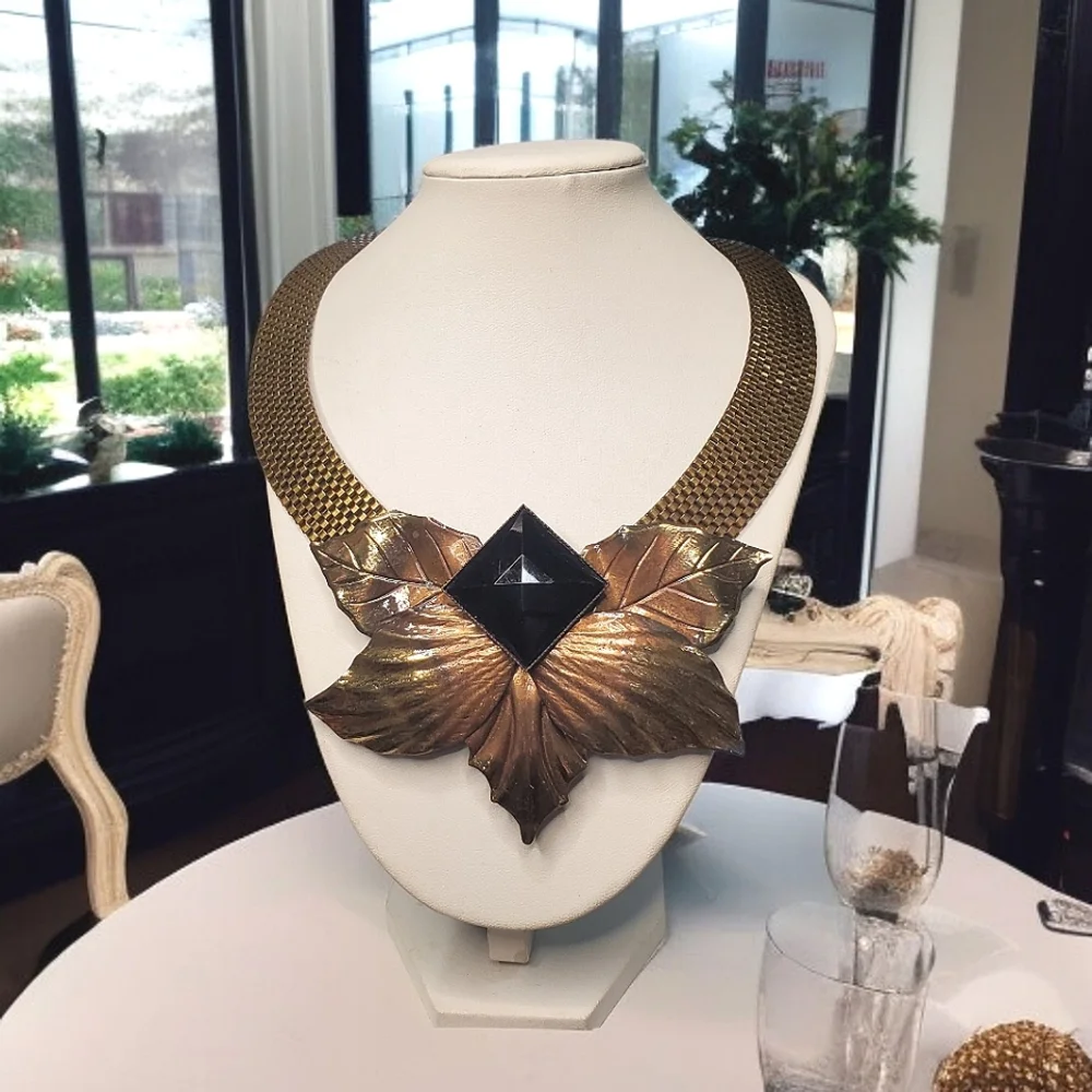 WEST GERMANY Vintage Massive Leaf Onyx Crystal Necklace & Earrings